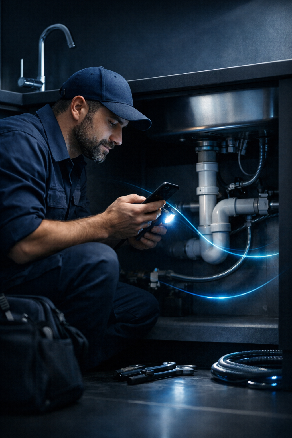 Service business worker using phone on-site